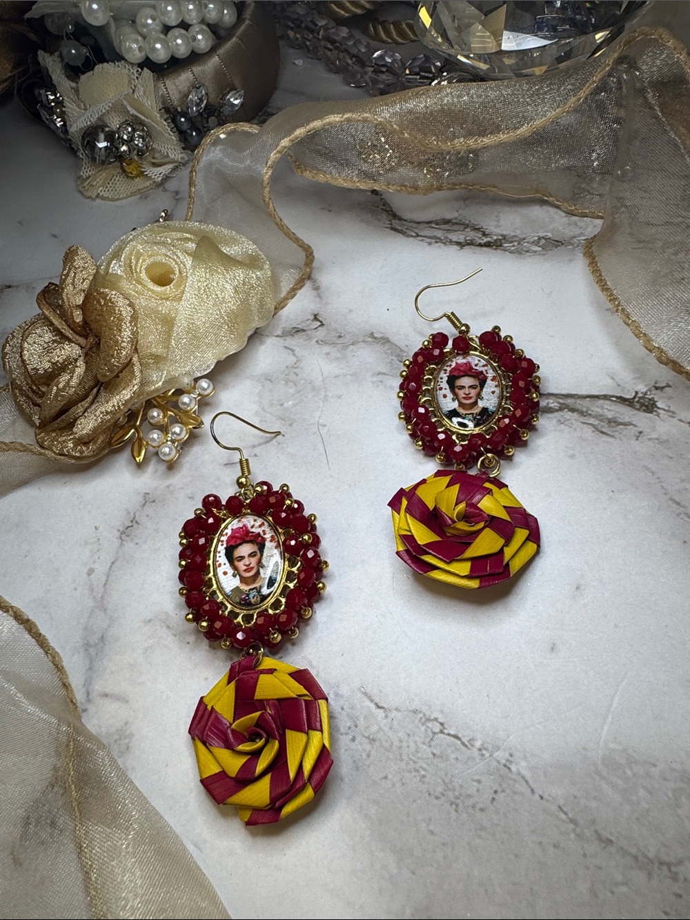 Frida Kahlo Red & Yellow Statement Artisan Earrings-Made in Mexico NWOT - Picture 2 of 2
